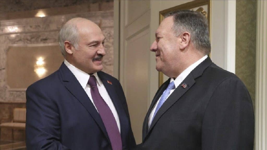 Belarusian President Alexander Lukashenko with American Secretary of State Mike Pompeo
