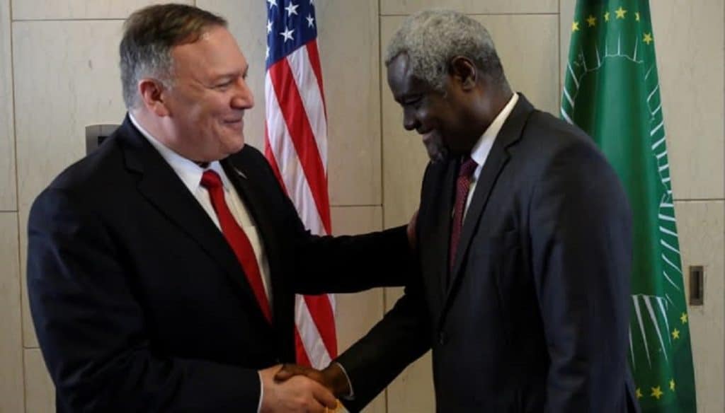 Mike Pompeo shakes hands with African Union Commission Chairperson Moussa Faki Mahamat in Addis Ababa