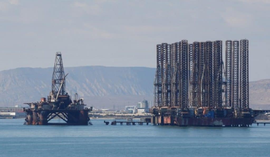 An offshore oil rig in the Caspian Sea near Baku, Azerbaijan