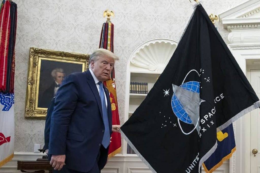 Presentation of the official flag of the newly created military branch, Space Force, in the Oval Office.