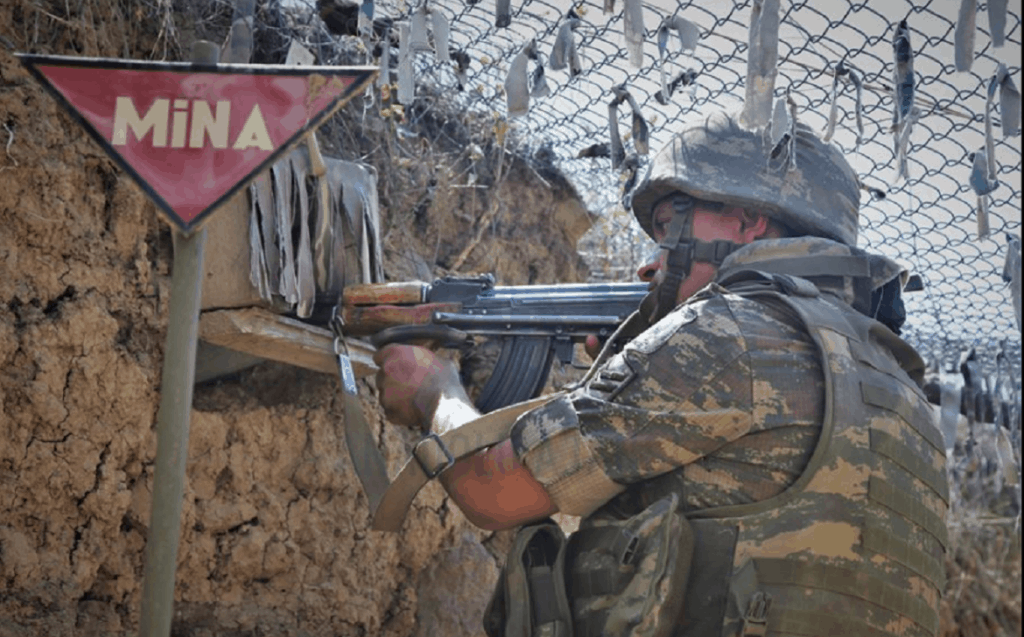 Azerbaijani soldiers patrol to respond to possible attacks in Azerbaijan's Tovuz