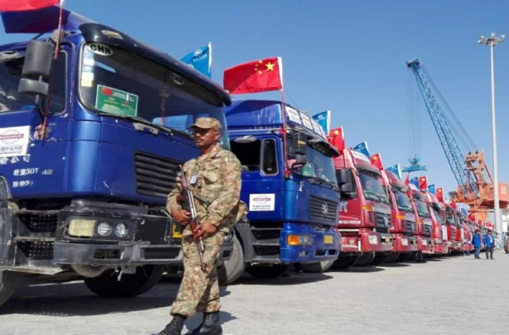 Chinese trucks parked at Pakistan Gwadar port.