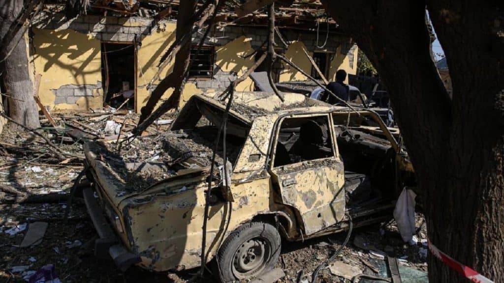 Damage after missiles, allegedly launched from Nagorno-Karabakh.