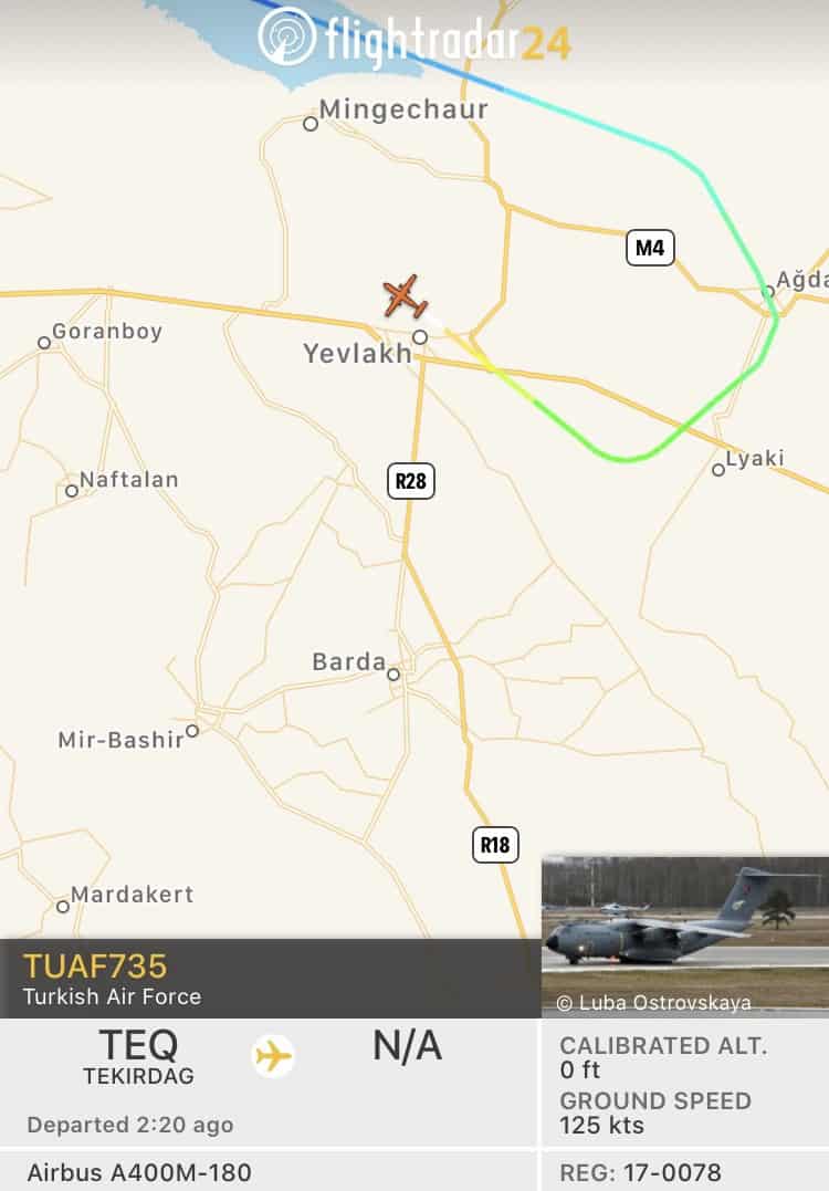 A Turkish military flight landing at Yevlakh military airpor