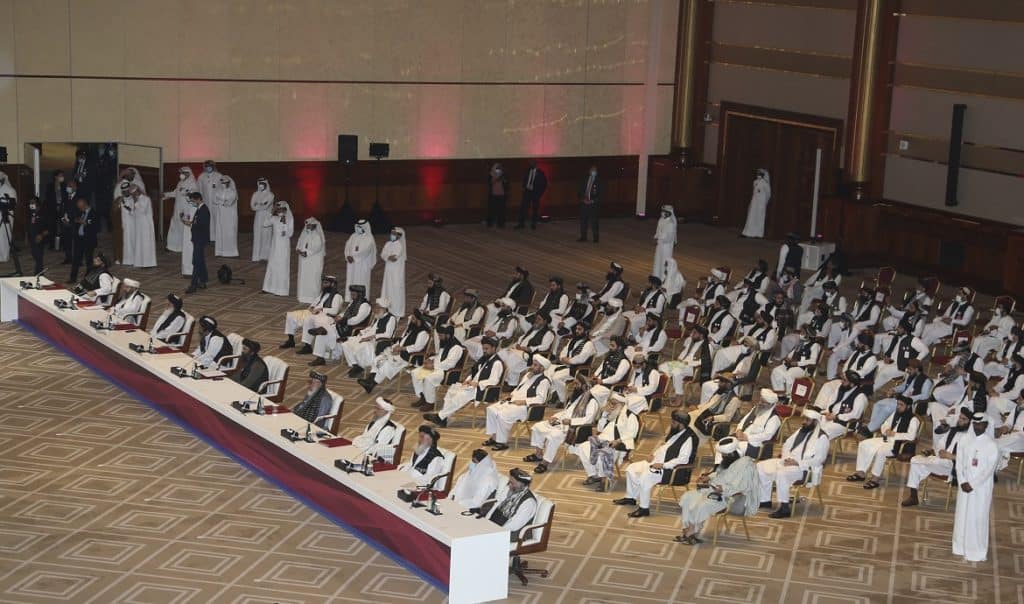 Taliban delegation attends the opening session of the peace talks between the Afghan government and the Taliban in Doha