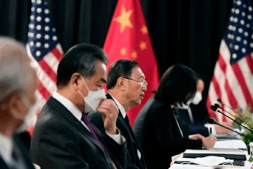 hina’s top diplomat, Yang Jiechi, center, and foreign minister, Wang Yi, second from left, speak at the opening session of U.S.-China talks in Anchorage, Alaska, March 18, 2021