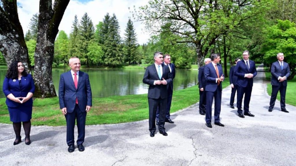 Presidents of Kosovo, Albania, Croatia, members of the Bosnian presidency, presidents of Slovenia, North Macedonia, Serbia, and Montenegro pose for photo at Brdo pri Kranju, Slovenia, on 17 May 2021