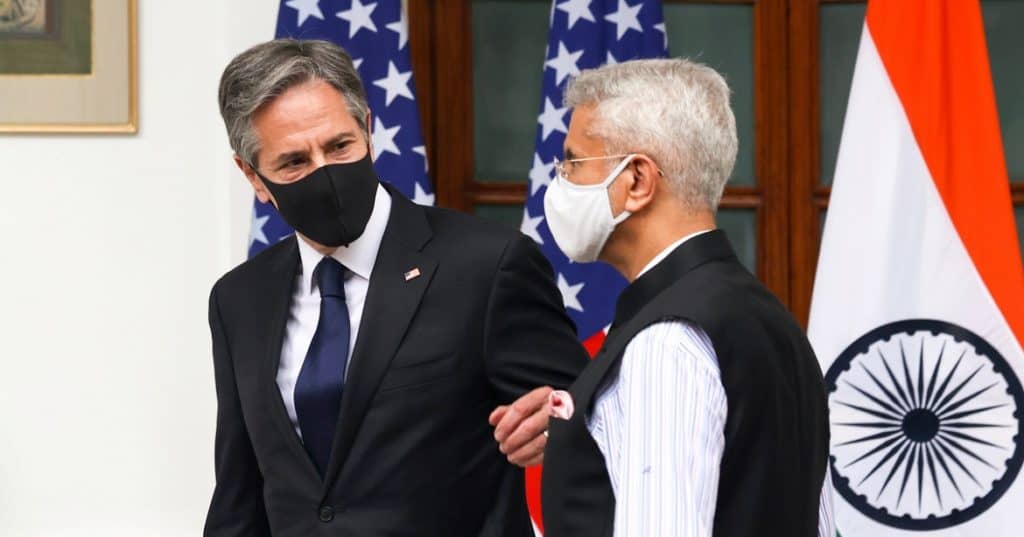 India's Foreign Minister Subrahmanyam Jaishankar welcomes Blinken at Hyderabad House in New Delhi